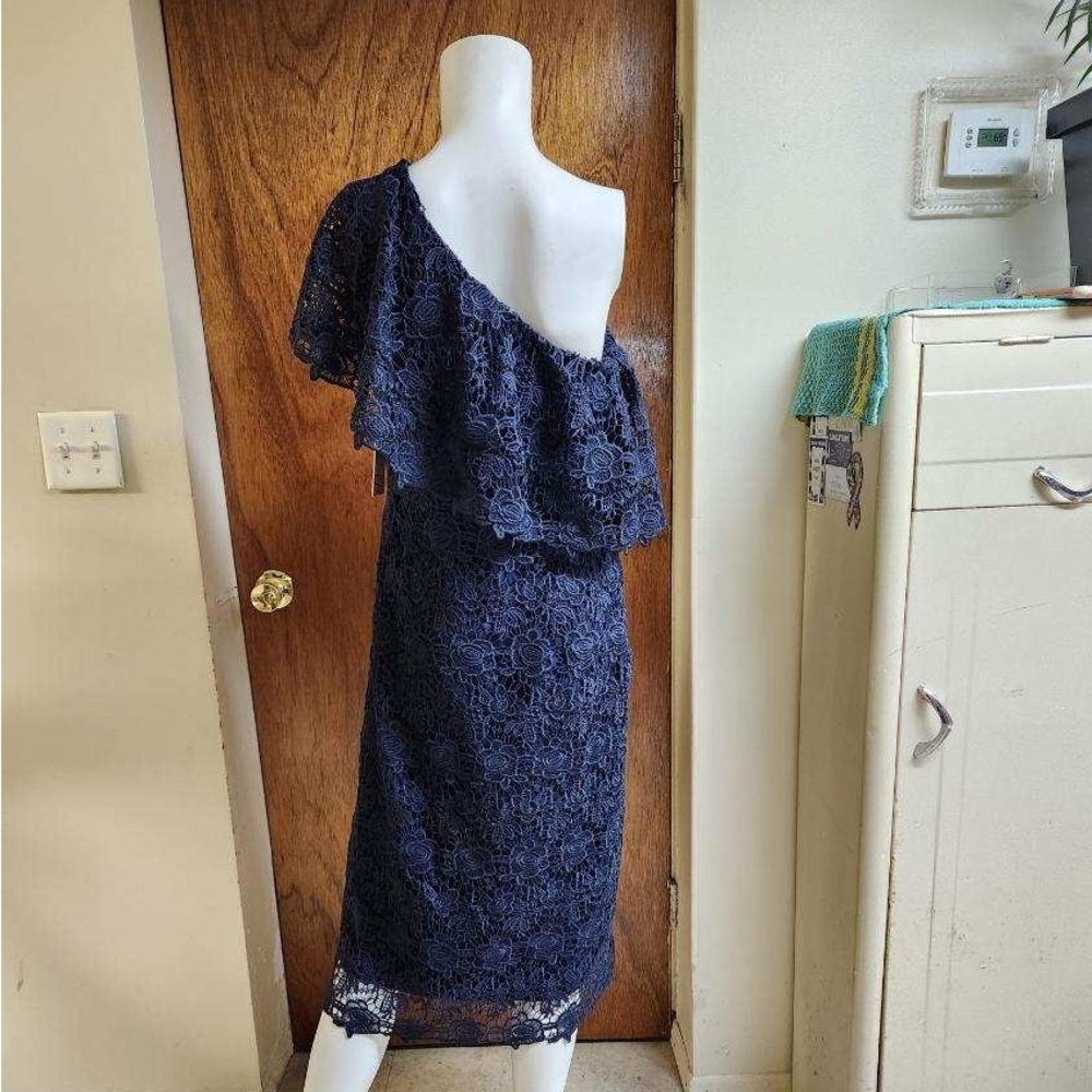 Size 8 Nanette Lepore navy blue lace overlay one shoulder midi dress